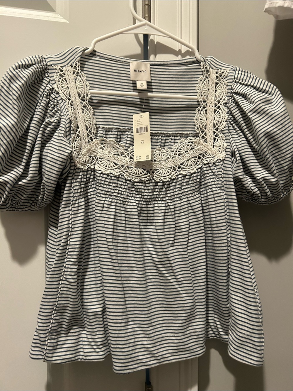 Maeve Navy & White Striped Puff Sleeve Top with Lace Square Neck